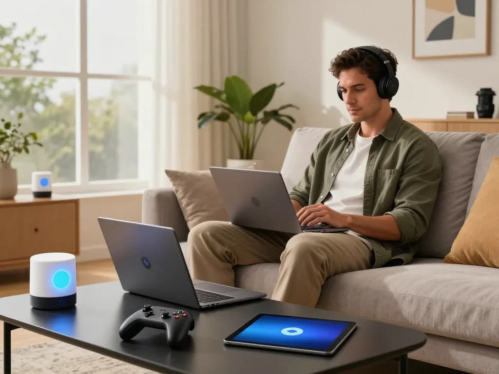 Best tech gadgets for men showcased in a contemporary living room, featuring Bluetooth devices and a relaxed tech-savvy lifestyle.