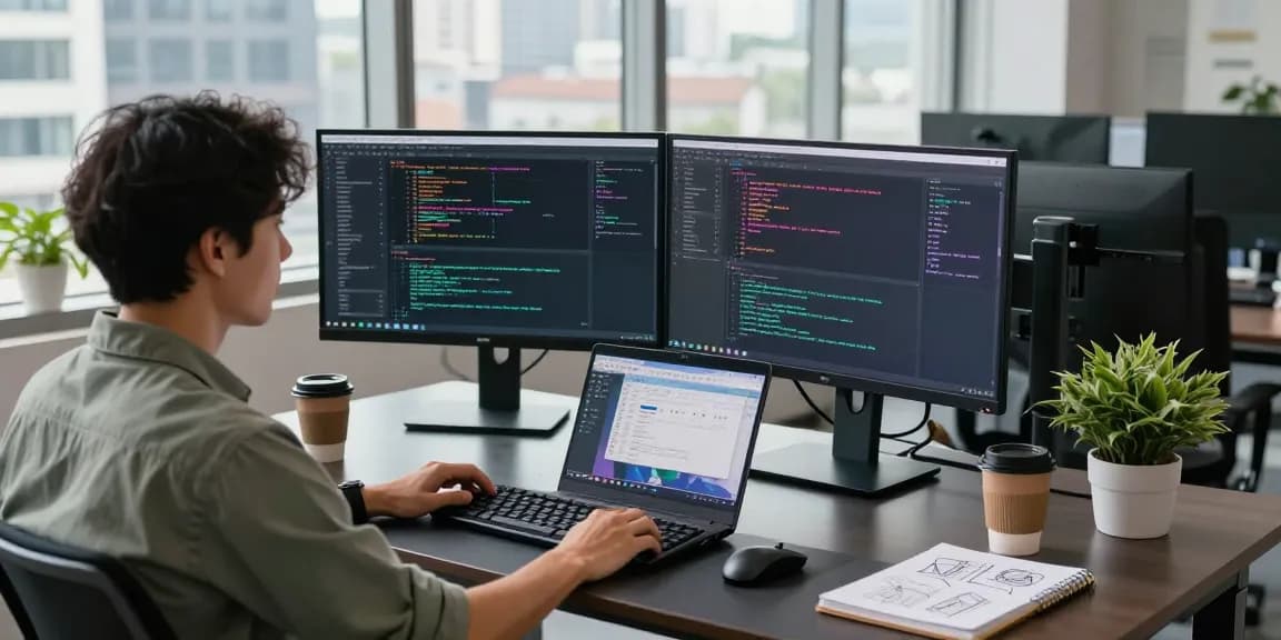 快连 offers an innovative tech workspace with a developer coding and collaborating in a modern office