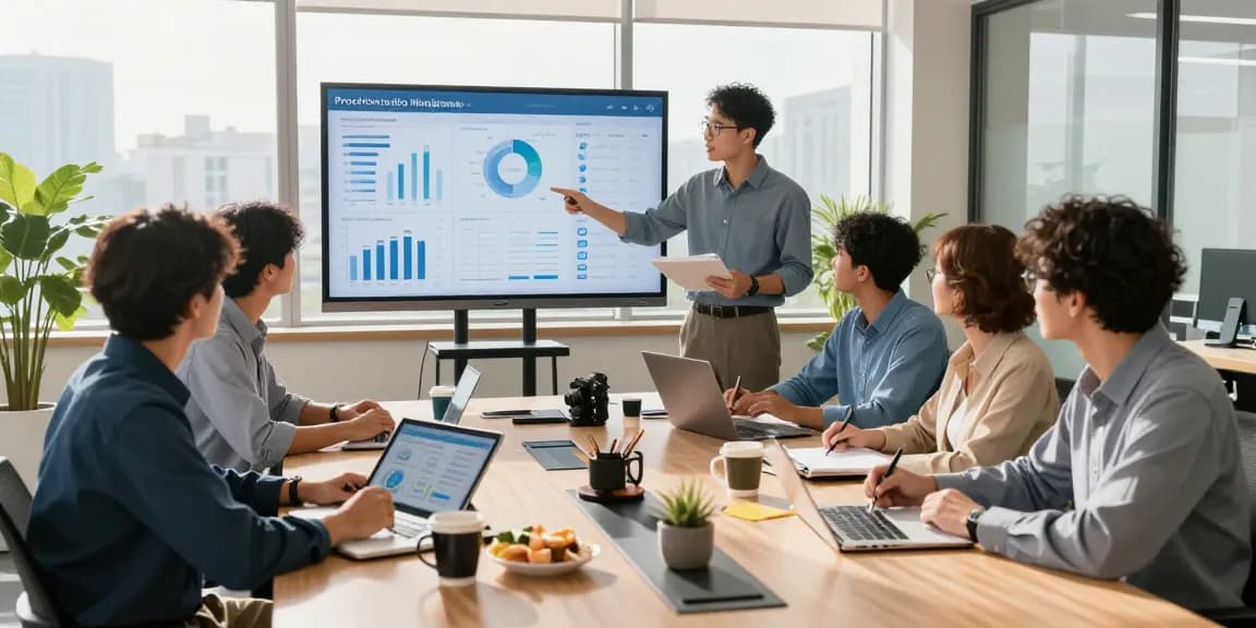 IT support businesses team collaborating in a modern office with laptops and tablets, analyzing data together.
