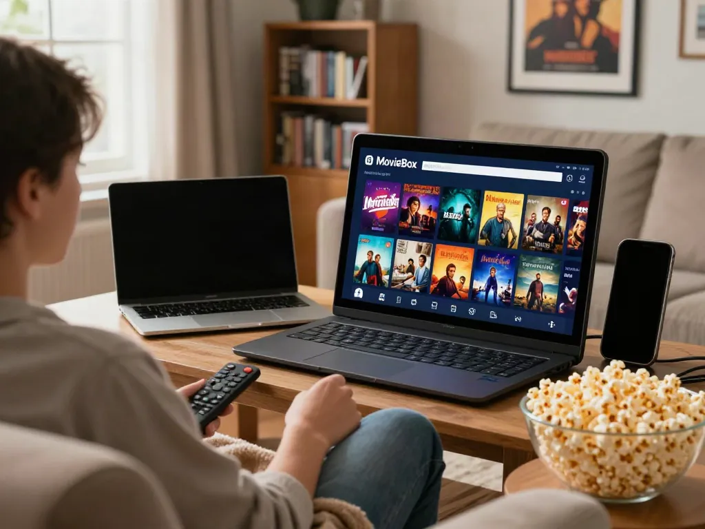 Engaged user using movie box old version app download on smartphone in cozy home setting, showcasing a vibrant movie selection.