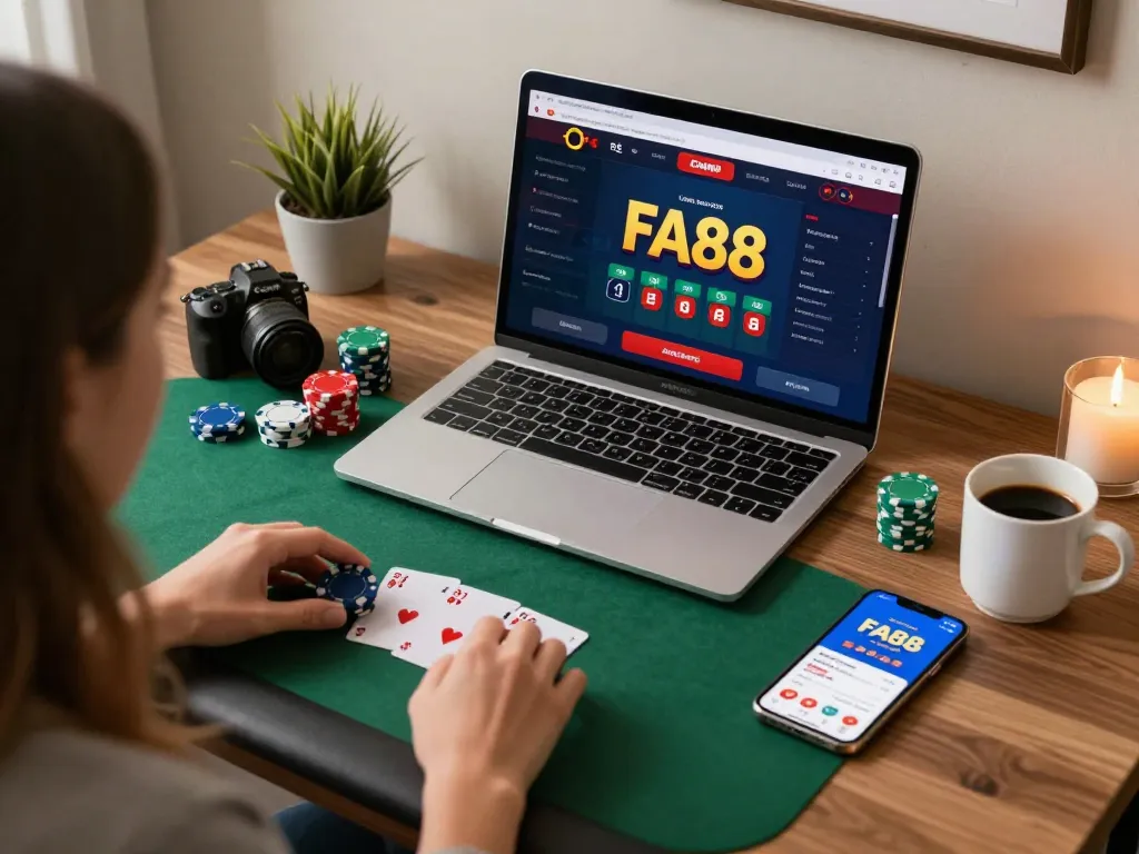 FA88 gaming setup with laptop and smartphone demonstrating online casino play.