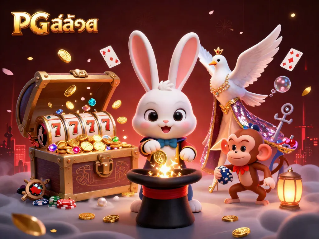 Spin the reels and win with PG สล็อต in this enchanting casino scene featuring a magical rabbit, dove, and monkey.