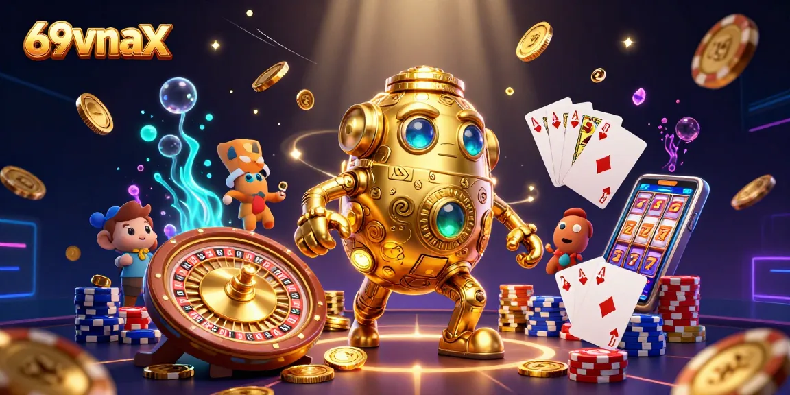 Experience the thrill of 69vnax with this vibrant 3D casino illustration, featuring golden golems and casinos.