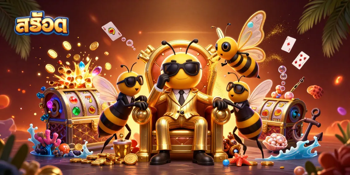 Experience thrilling สล็อต gameplay with our 3D cartoon bumblebee mob boss illustration alongside vibrant casino elements.