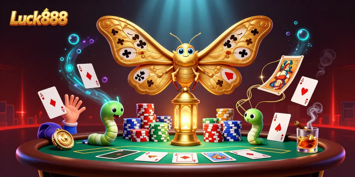 Engage with Luck888 at a vibrant casino scene featuring card games and golden elements.