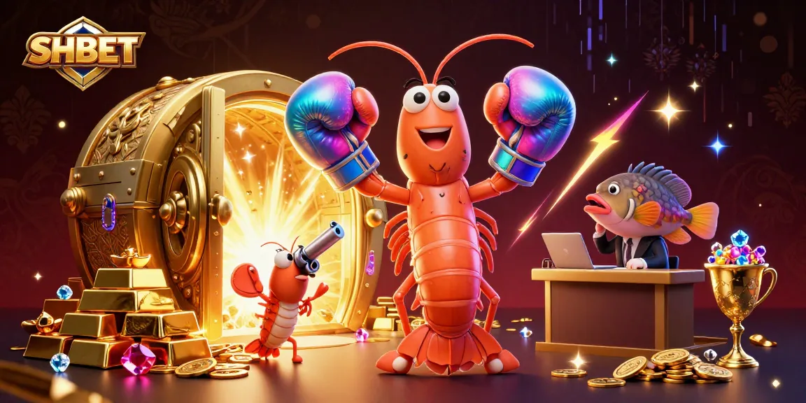 SHBET showcases a vibrant illustration featuring a mantis shrimp and sidekicks surrounded by casino gold treasures.