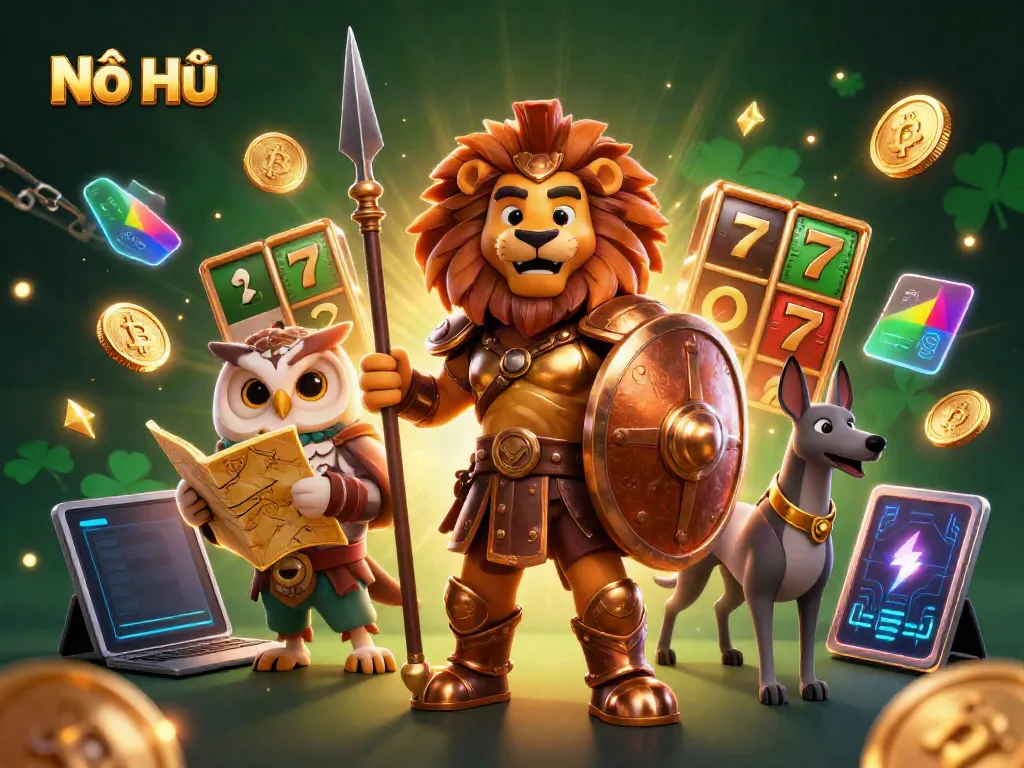 Nổ Hũ offers a thrilling experience with a Spartan lion, owl strategist, and greyhound messenger in a vibrant casino scene showcasing jackpots and cryptocurrencies.