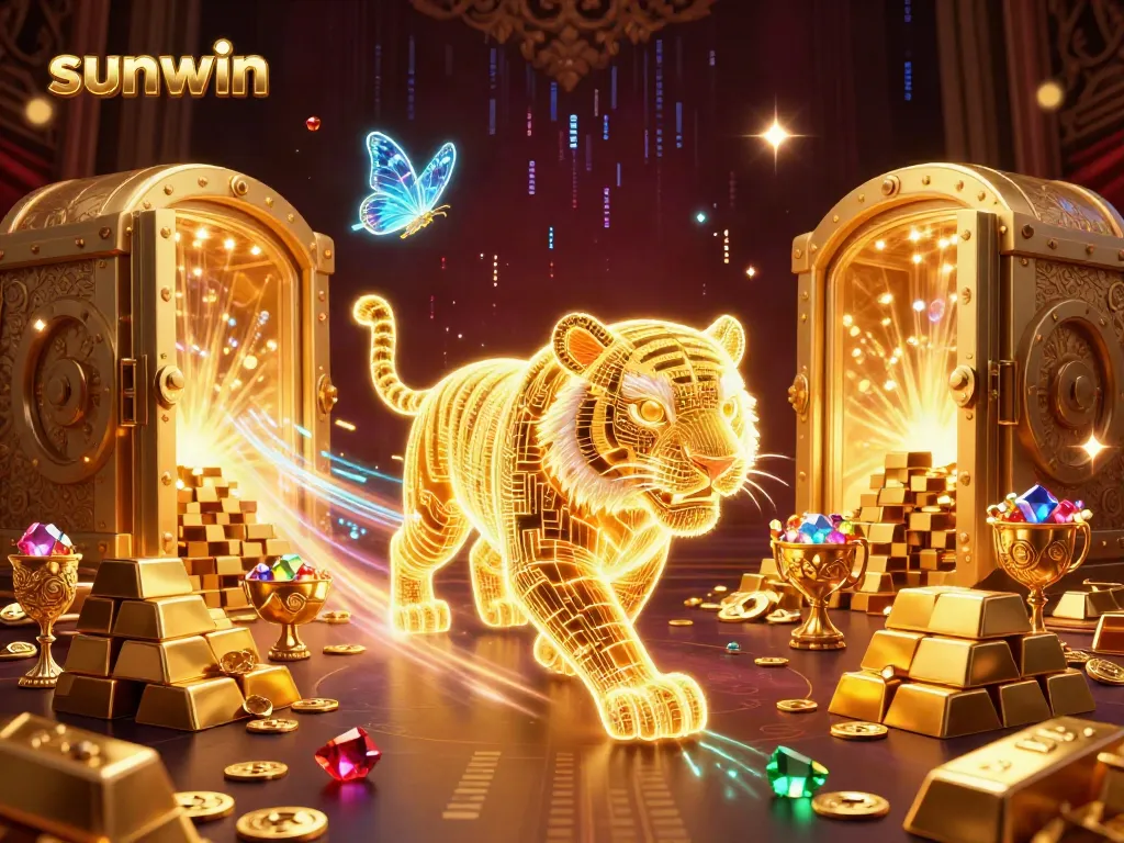 Enter the vibrant world of Sunwin, where a golden tiger prowls a digital casino among treasure and jewels.