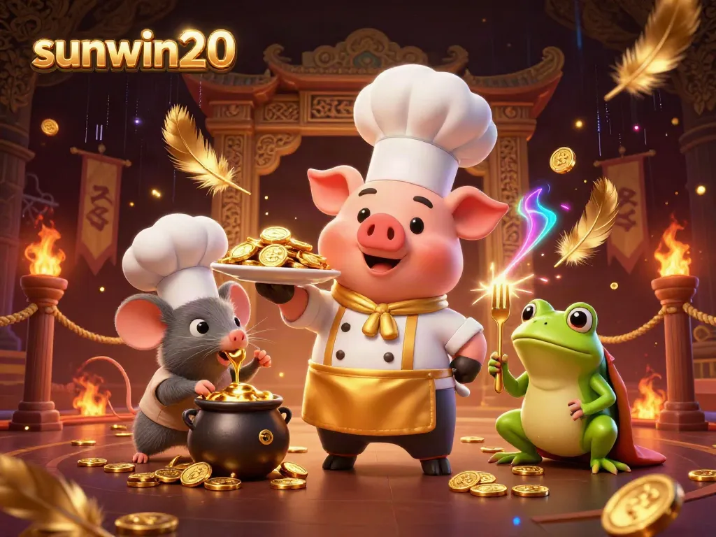 Experience sunwin20 with a vibrant 3D illustration featuring a chef pig and a sous-chef mouse in a golden casino.