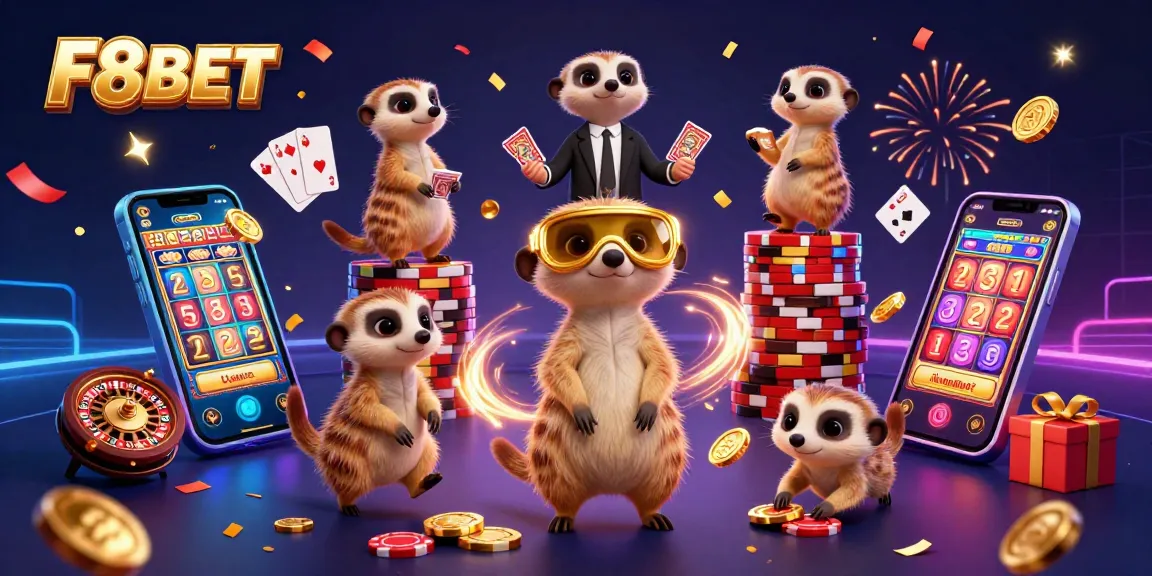 F8BET introduces an exciting casino experience with meerkats running operations and vibrant slot games.