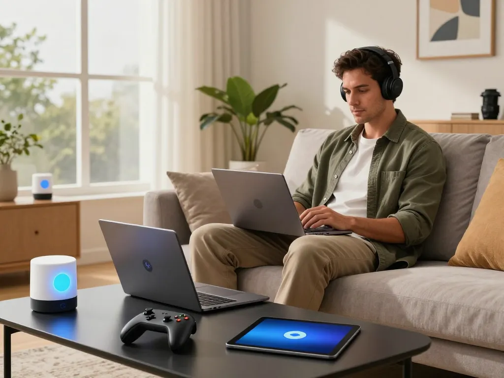 Best tech gadgets for men showcased in a contemporary living room, featuring Bluetooth devices and a relaxed tech-savvy lifestyle.
