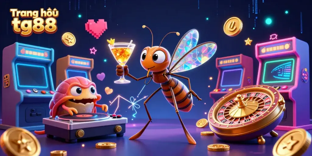 Experience thrilling games at Trang chủ tg88 with a vibrant casino mascot and DJ in a colorful environment.