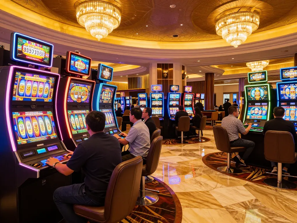 Players enjoying the slots at b52club's vibrant casino atmosphere with engaging displays and excitement