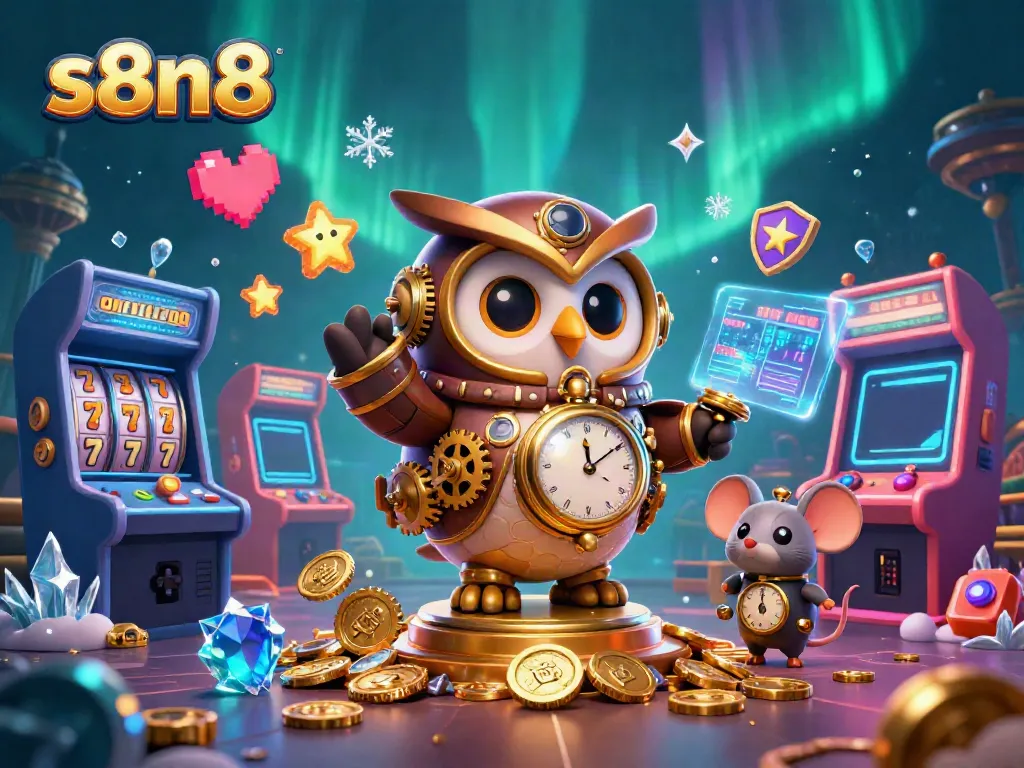 Experience the thrill of gaming with s8n8 as cartoon owl and mouse explore a futuristic casino scene.