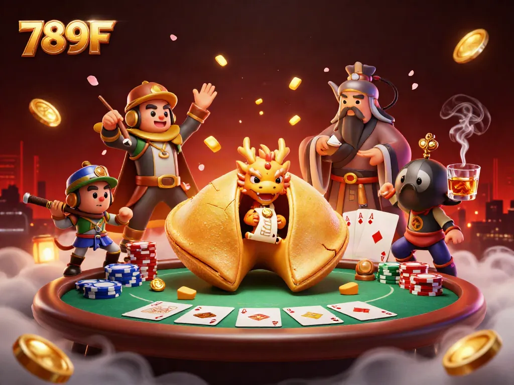 Experience the magic of 789F with a rich scene featuring a golden fortune cookie, vibrant poker elements, and dynamic lighting.