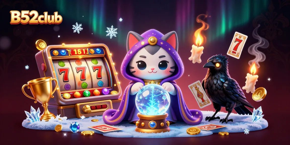 B52club invites players to experience thrilling slots gameplay with a mystic fortune teller and animated elements.