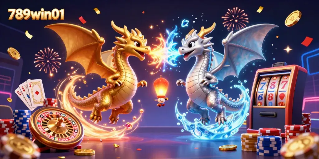 Experience thrilling action with 789win01 showcased through dynamic fire and ice dragons amidst a casino atmosphere.