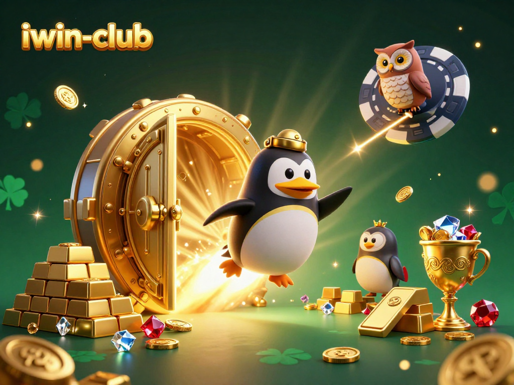 Experience the iwin-club with a vibrant 3D illustration featuring a golden penguin and casino treasures.