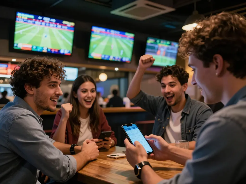 Sports betting excitement at MM88Star with friends cheering on teams on multiple screens.
