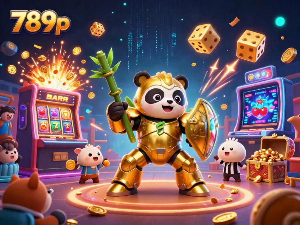 Experience the thrill of 789p with a golden panda in a mech suit and vibrant casino elements.
