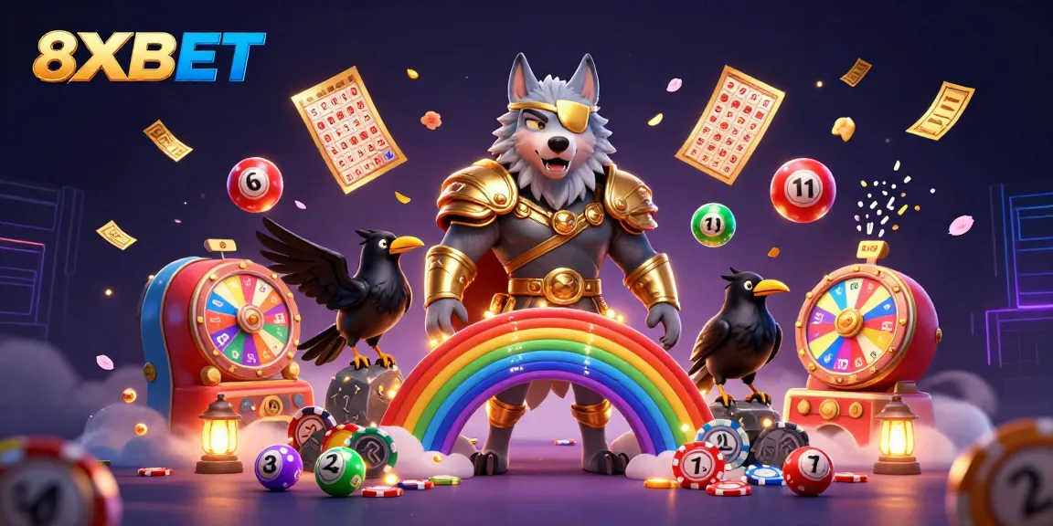 Experience thrilling gameplay at 8XBET with vibrant casino-themed illustrations, showcasing exciting elements.