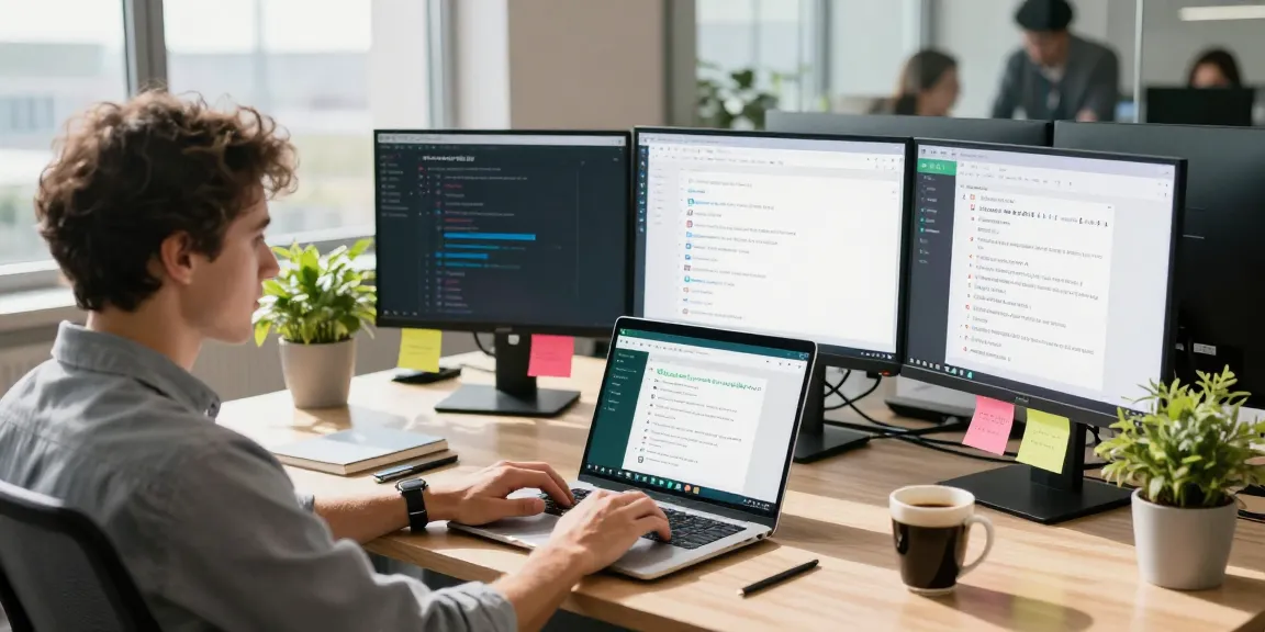 Using WhatsApp網頁版 in a modern office workspace with multiple screens and collaborative atmosphere.