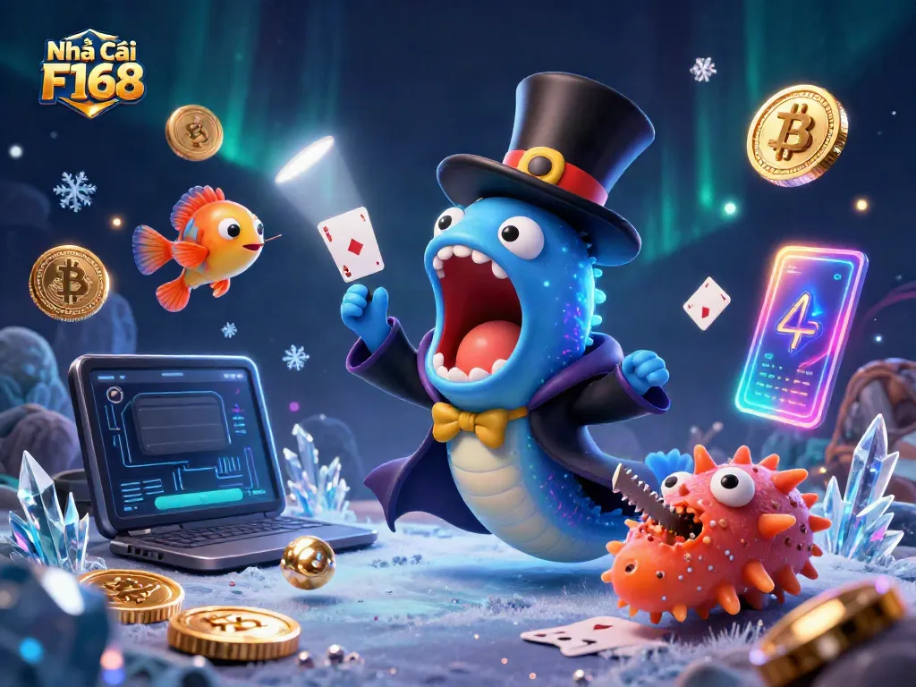 Engage with Nhà cái F168's captivating cartoon scene featuring magical underwater creatures and cryptocurrency elements.