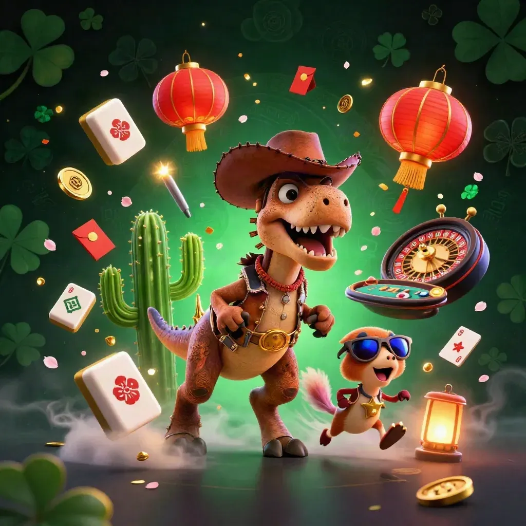 Cowboy T-Rex, cactus sidekick, and roadrunner erupt amid gold casino magic in a dark neon jungle