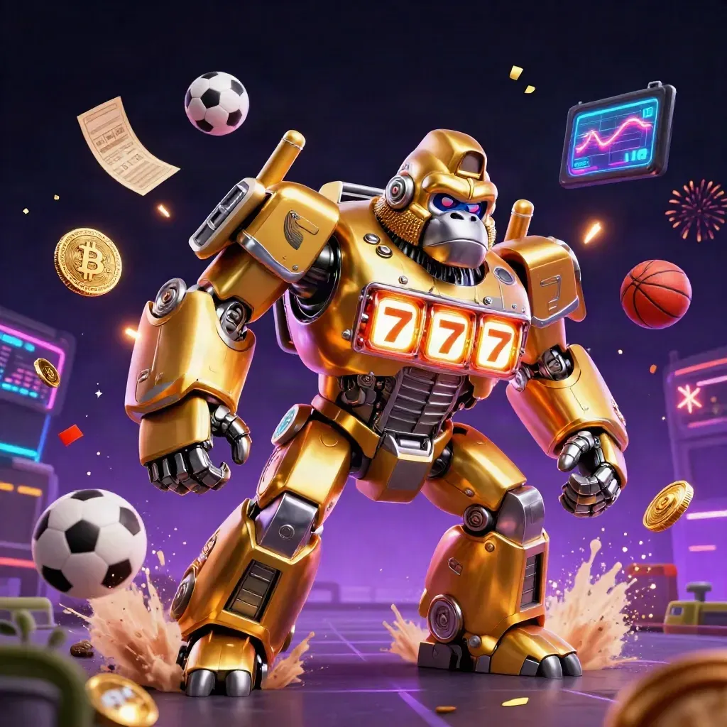 Golden gorilla mech with monkey pilot, soccer and basketball frozen in neon casino explosions.