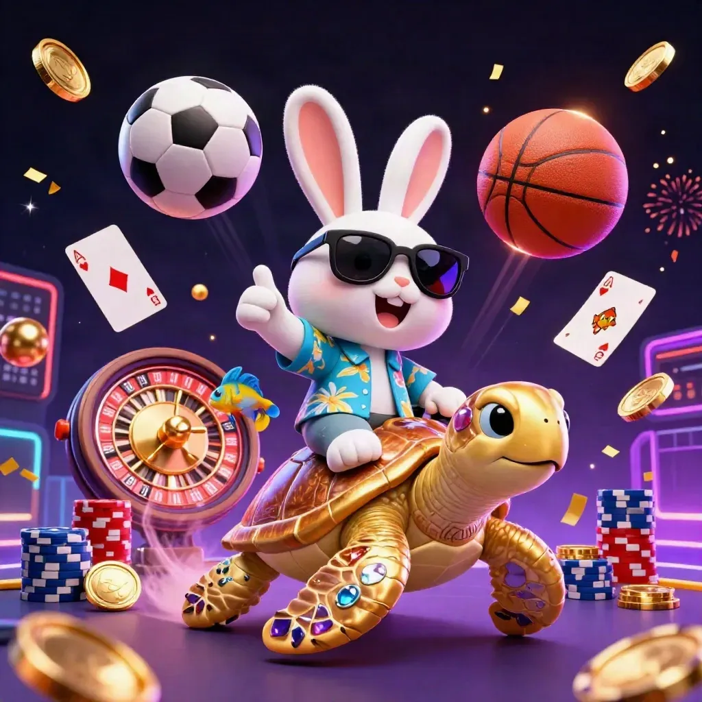 Lucky rabbit on golden turtle amid coins, chips, cards, roulette, fireworks, neon casino glow.