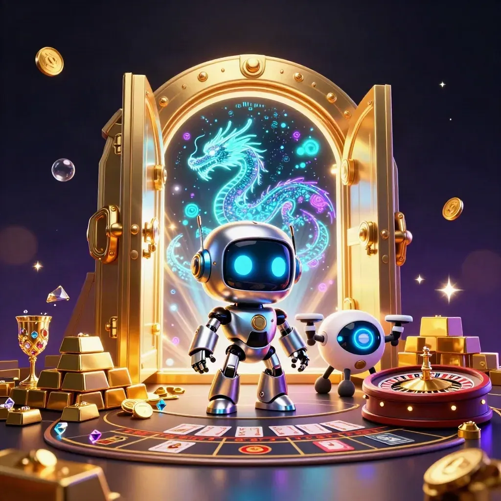 Robot mascot, holographic dragon, and drone amid a glowing vault, gold, and casino lights.