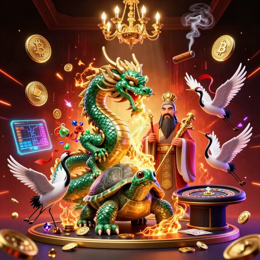 Emerald dragon, sage turtle, and cranes amid luxe casino glow, neon coins, and spinning wheel.
