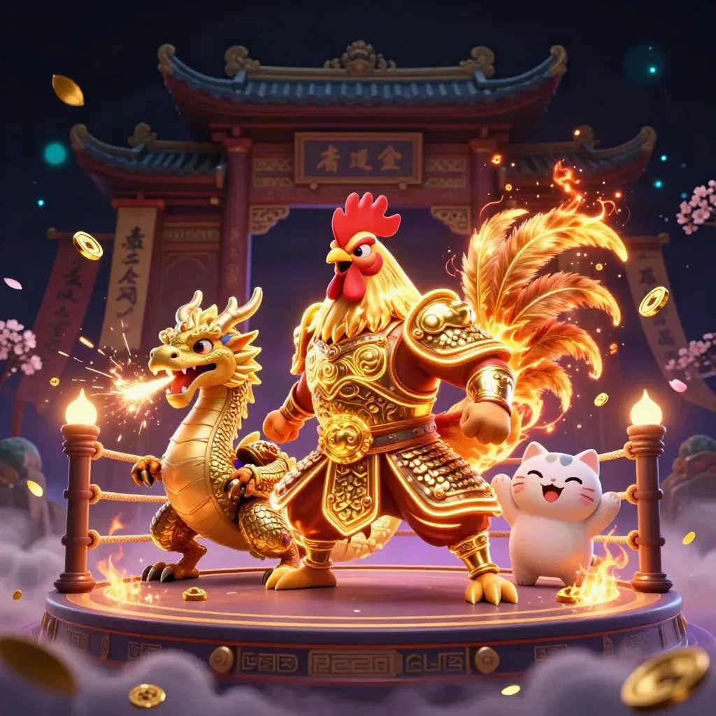 Rooster warrior, spark-breathing hatchling, and fortune cat amid gold sparks in a neon casino temple.