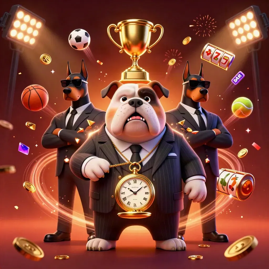 Mafia-boss bulldog with two Dobermans amid coins, sports balls, trophy, and casino sparks