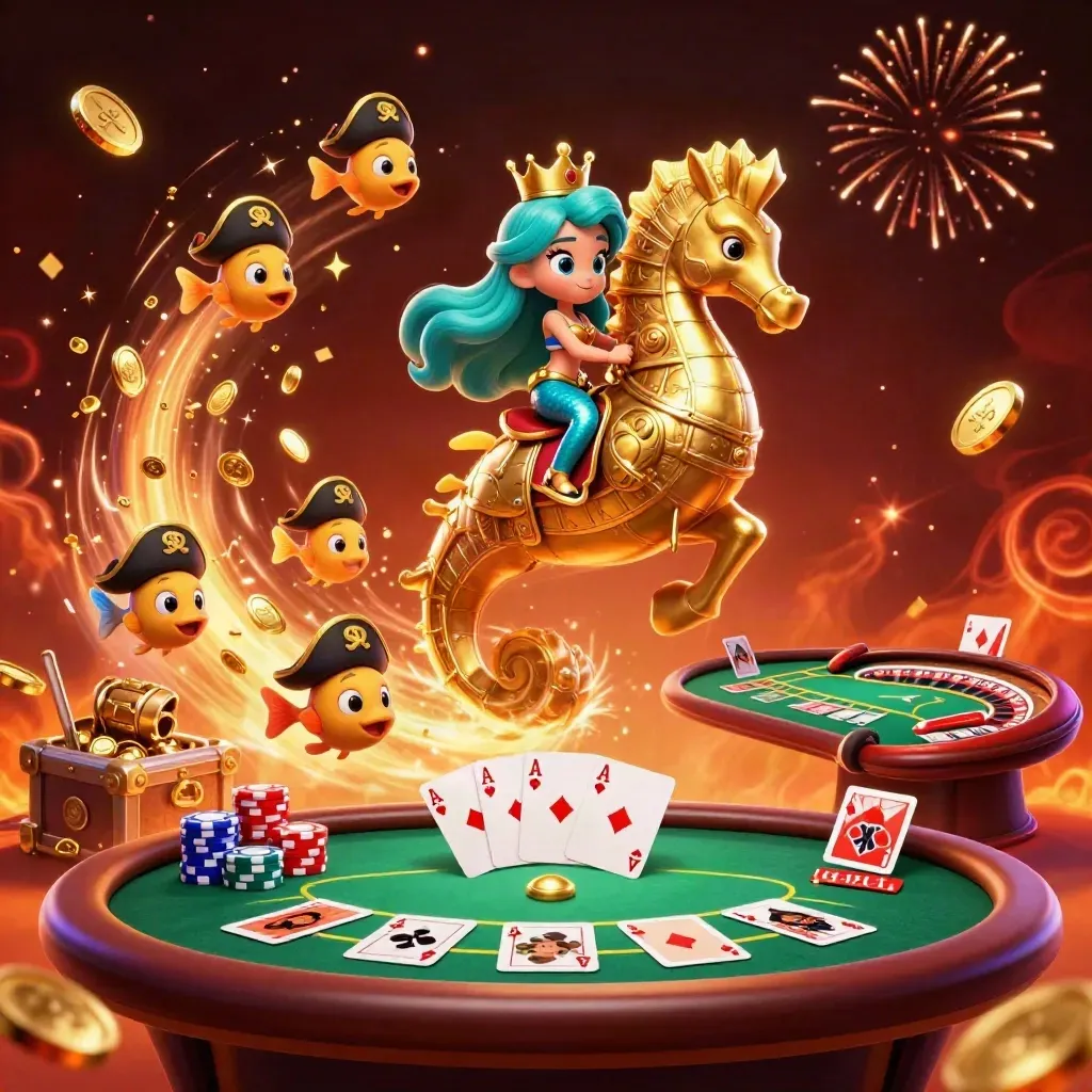 Mermaid princess on armored seahorse amid coins, chips, cards, fireworks, and casino glow