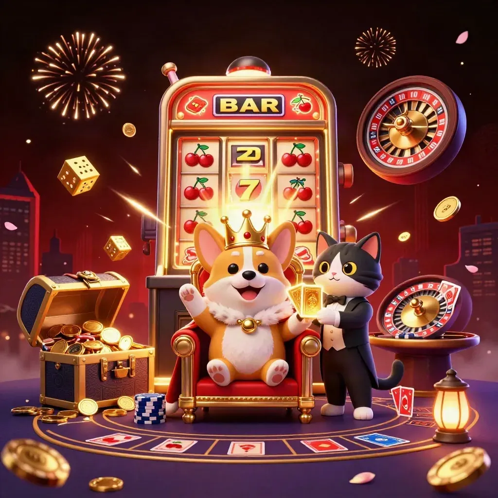 Royal corgi and cat butler amid slot jackpots, coins, fireworks, and VIP casino glow