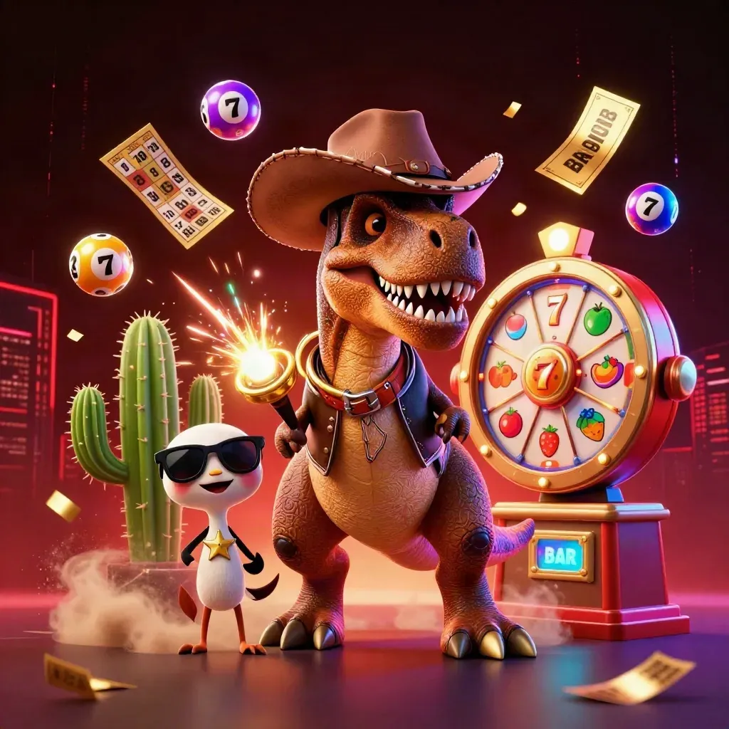 Cowboy T-Rex, cactus sidekick, and roadrunner burst through neon casino effects on a dark tile.
