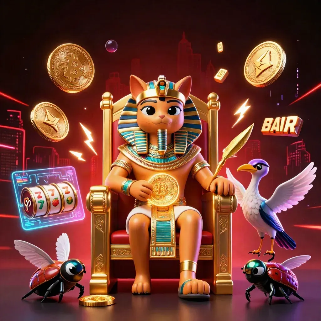 Pharaoh cat, ibis scribe, and gem-winged scarabs amid neon casino coins and electric gold glow