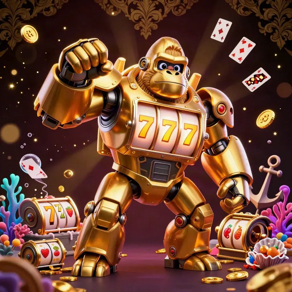 Golden gorilla mech with monkey pilot amid casino treasure cove and glowing reels.