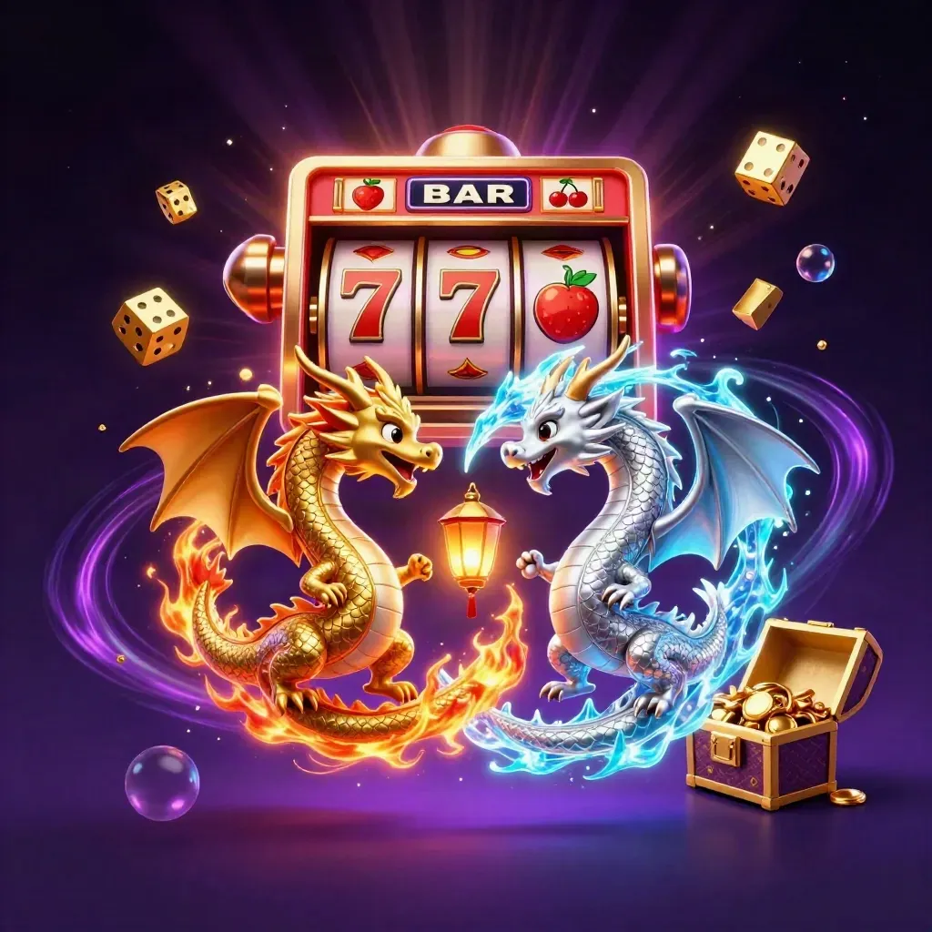 Gold and silver dragons swirl around a jackpot slot burst with glowing casino symbols.