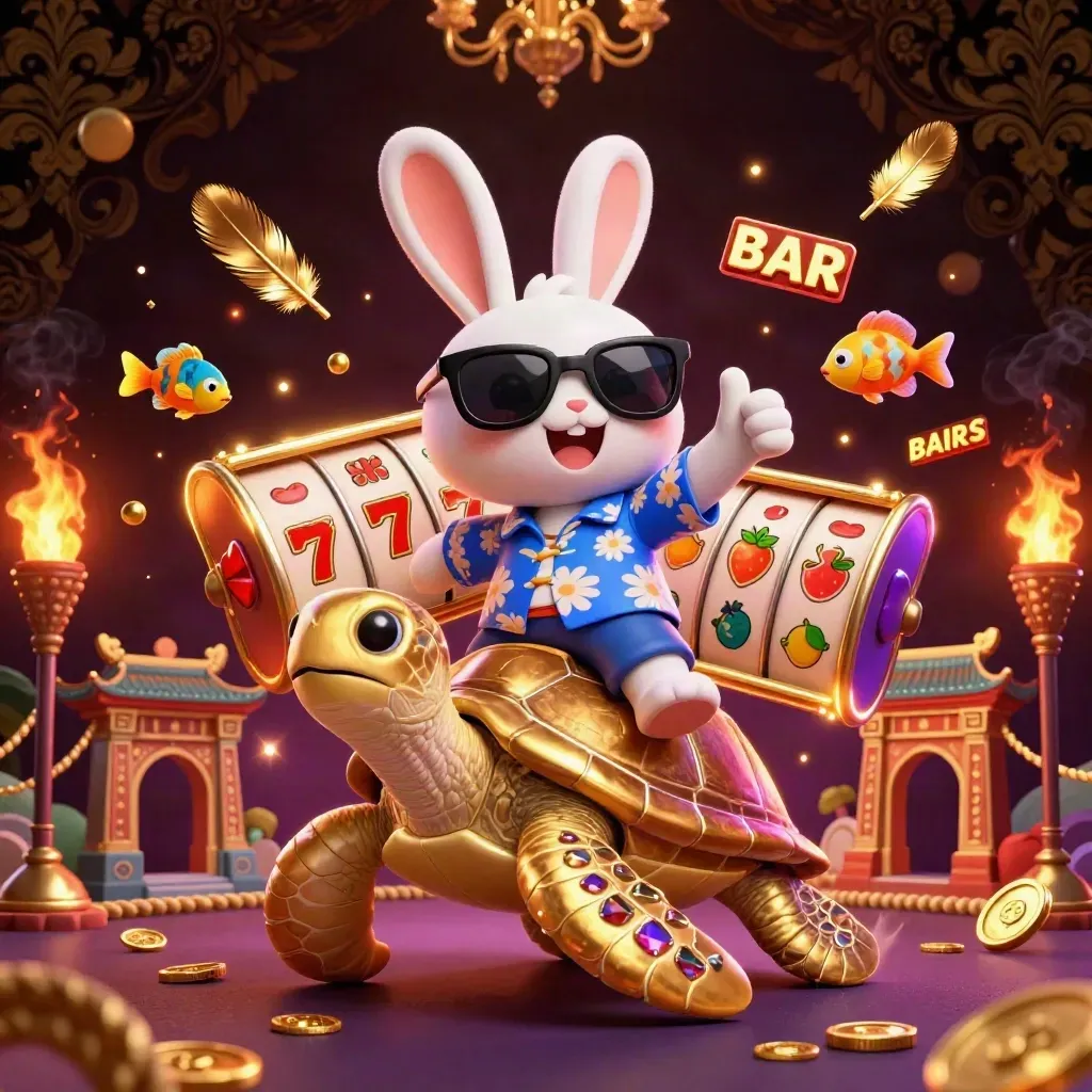 Rabbit in shades rides a golden sea turtle amid casino reels, coins, torches, and tropical fish.