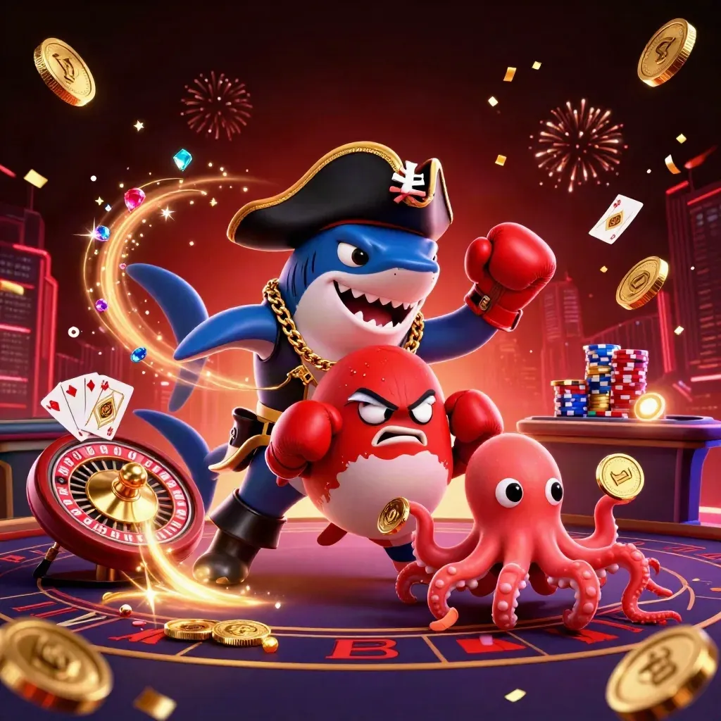 Shark pirate, pufferfish boxer, and juggling octopus amid casino chips, coins, and roulette glow.