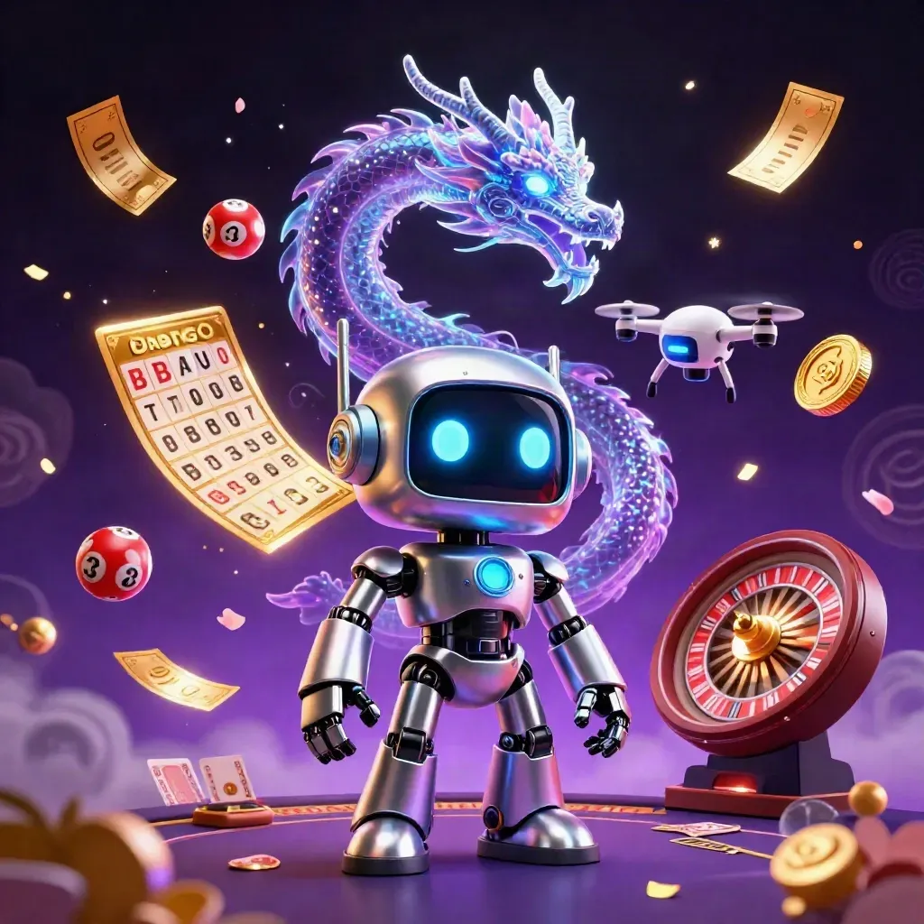 Chrome robot, holographic dragon, and coin drone in a neon casino burst.