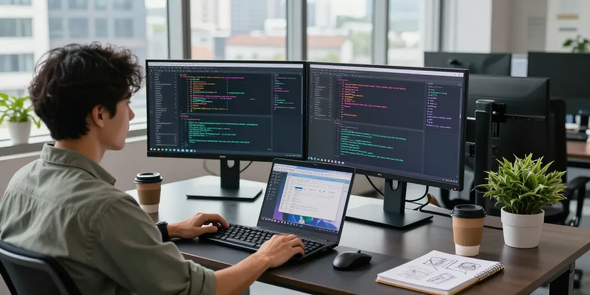 快连 offers an innovative tech workspace with a developer coding and collaborating in a modern office