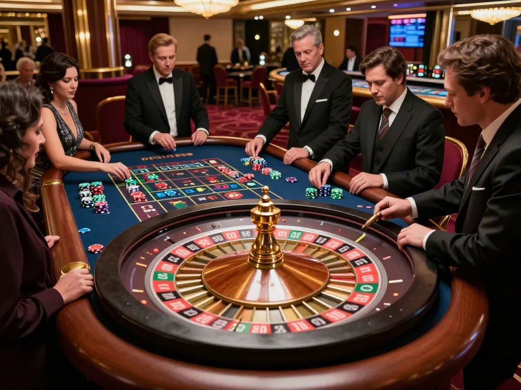 Players at a roulette table engaging in a thrilling game at 8kbet casino, showcasing vibrant chips and the croupier spinning the wheel.