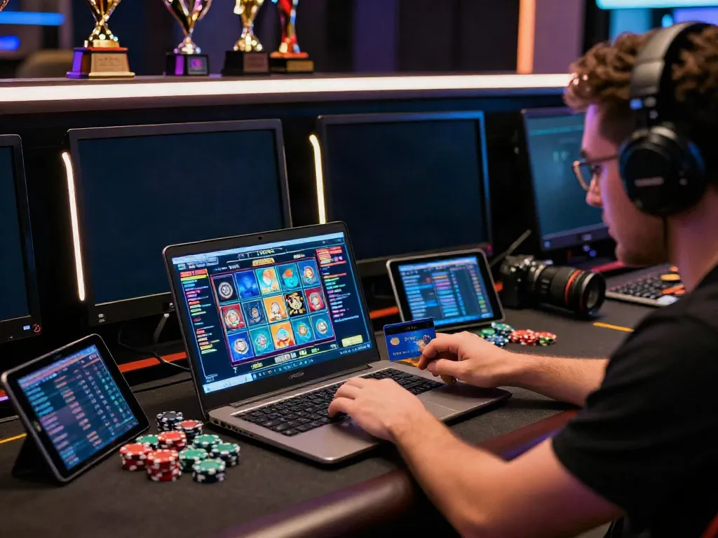 Engaging player experience at online credit card casinos with laptop and gaming setup.