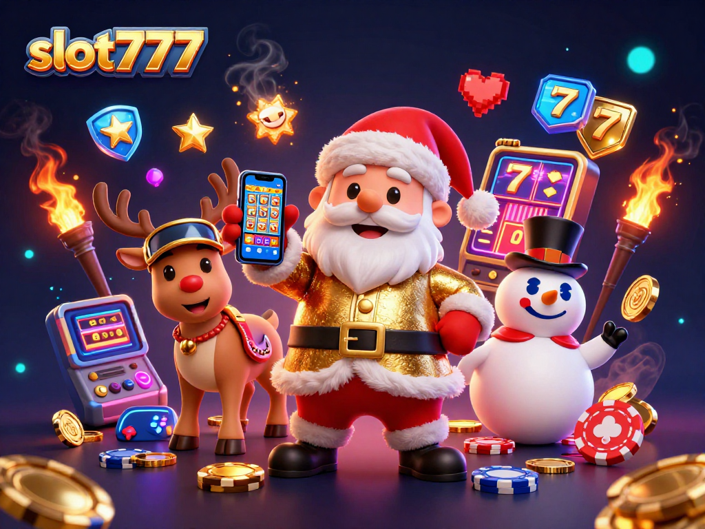 Engage with slot777's vibrant 3D Santa Claus scene featuring jackpot slots and festive characters.