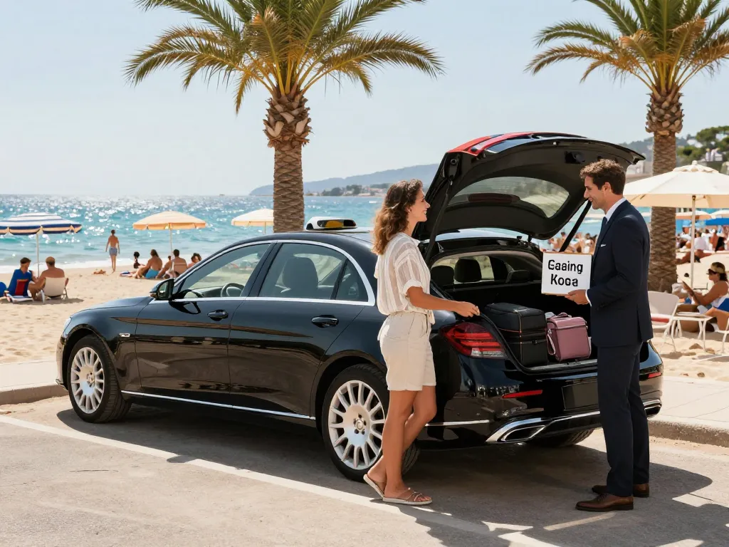Service de Taxi Saint-Tropez avec un chauffeur professionnel à bord d'une berline de luxe sur une plage ensoleillée.