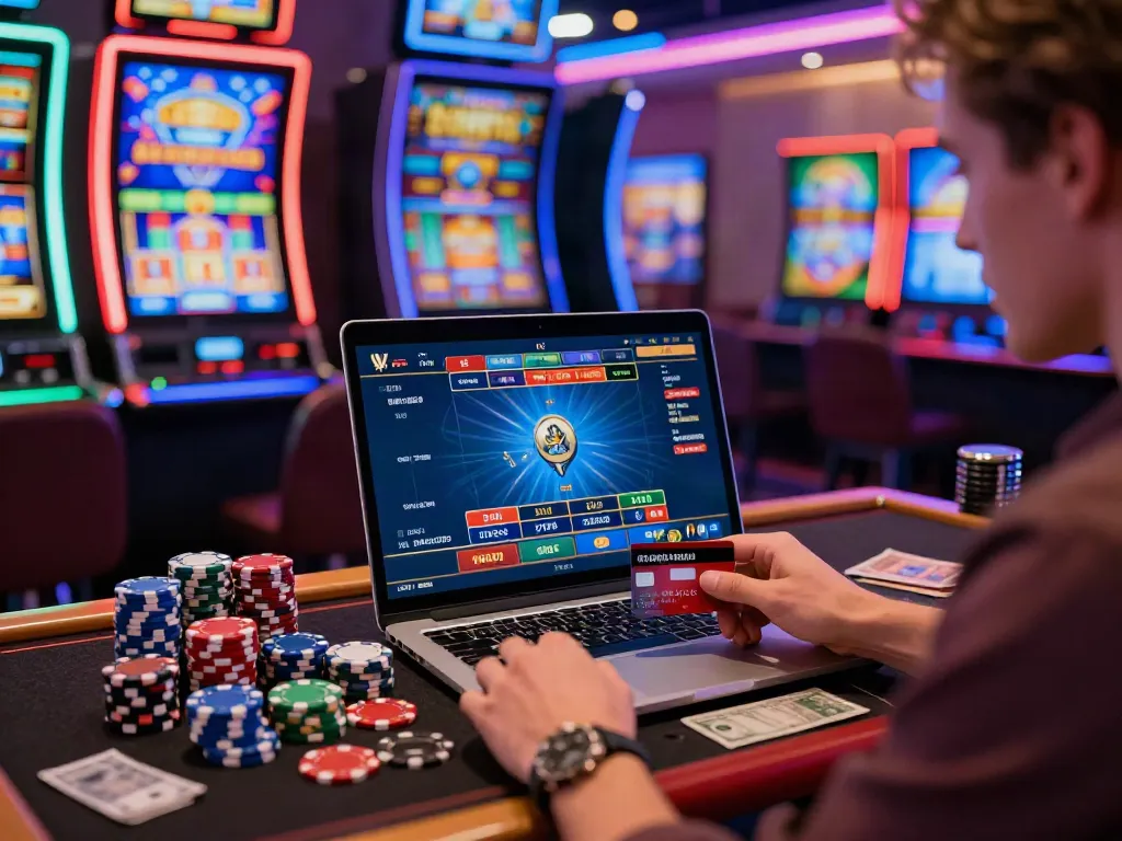 Exciting gaming scene highlighting new credit card casinos, player using credit card at laptop amid vibrant casino atmosphere.