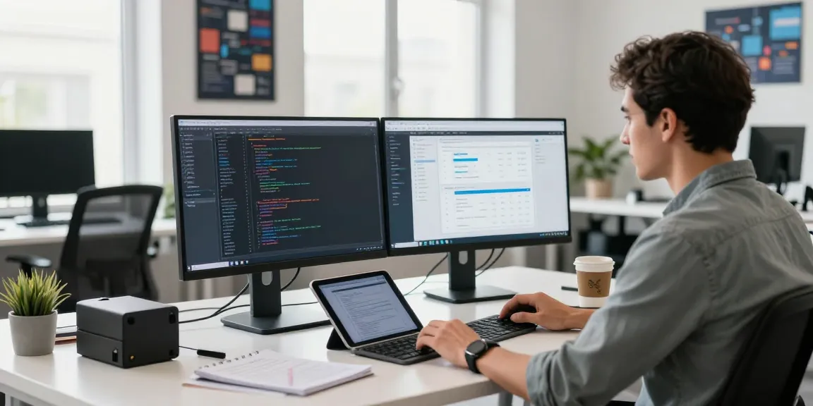 快连 software developer working in a modern tech office with dual monitors showcasing code and project management tools.